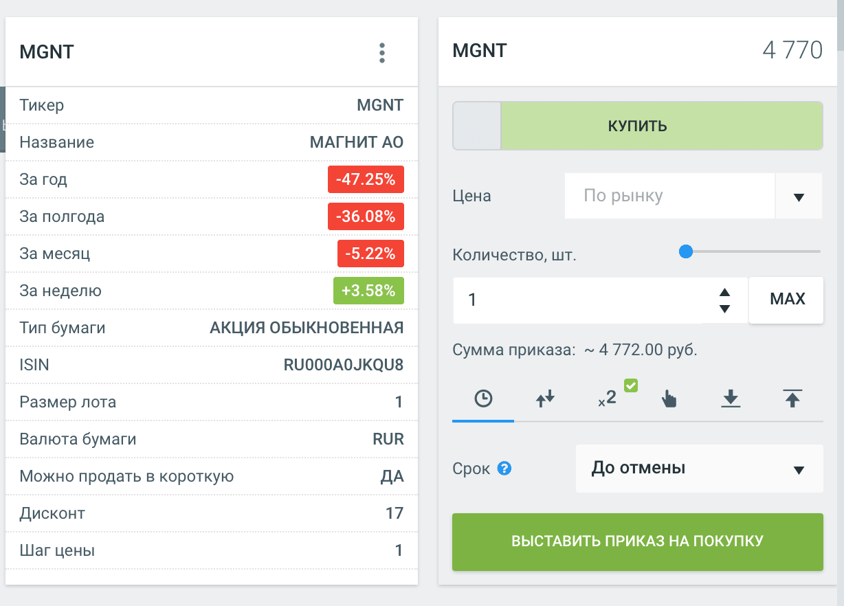 Рыночная заявка: покупаем лот акций «Магнита» по рыночной цене