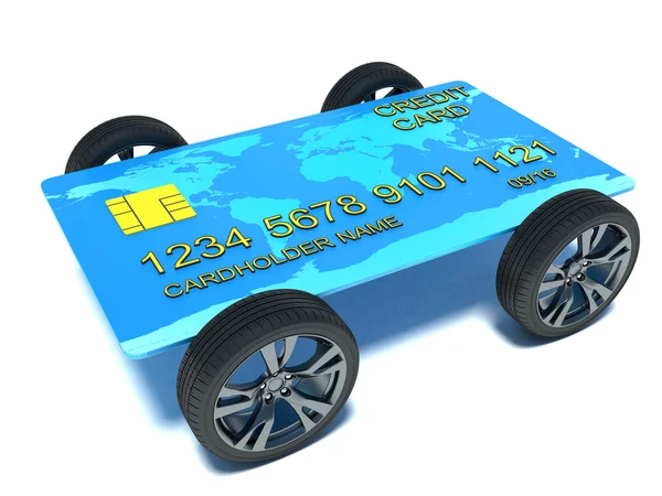 Кредитная карта с колесами, изолированные на белом фоне — стоковое фото