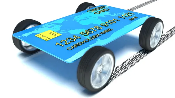 Кредитная карта с колесами, изолированные на белом фоне — стоковое фото