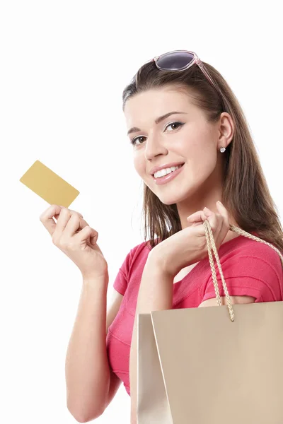 Девушка с помощью кредитной карты — стоковое фото