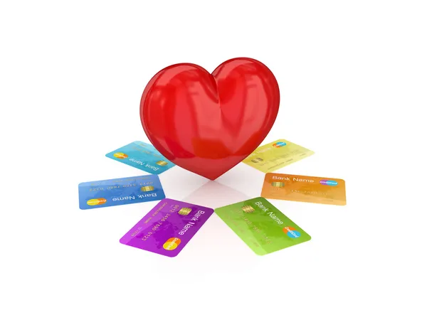 Красочные кредитные карты вокруг красные сердца — стоковое фото