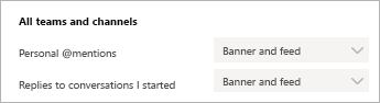 Image of Teams notifications settings showing how to get notifications in Teams and as a banner notification.