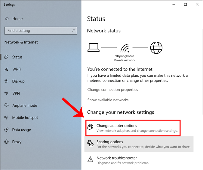 change adapter options in network settings